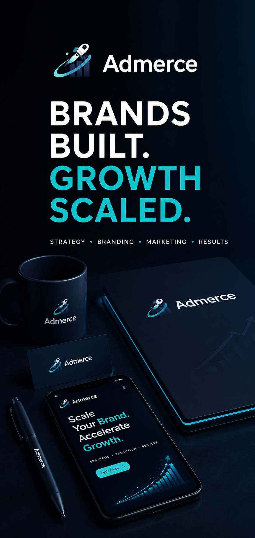 Promotional display for Admerce with a dark background, showing branded coffee mug, business card, tablet, and phone, emphasizing strategies for brand growth, marketing, and results.
