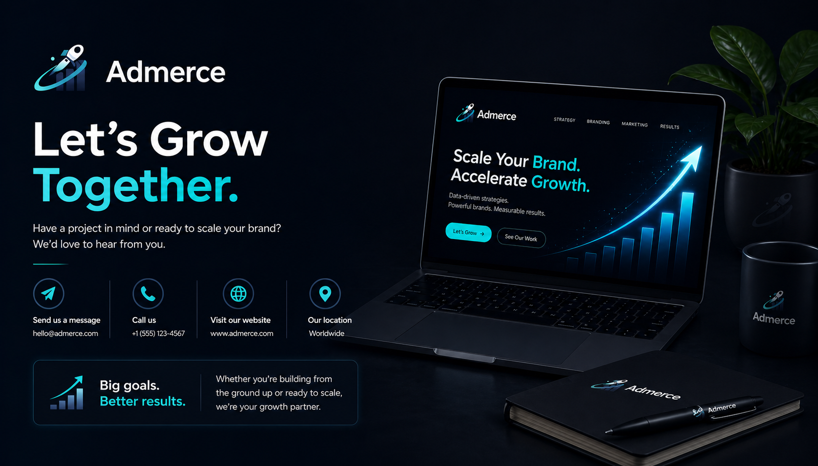 Dark-themed promotional banner for Admerce featuring a laptop, potted plant, notebook, and pen. The text reads, 'Let's Grow Together.' and 'Scale Your Brand. Accelerate Growth.', with contact details and icons for messaging, calling, visiting website, and location. The background displays a rising bar graph with an upward arrow.