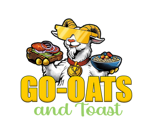 A cartoon goat wearing yellow sunglasses and a medal, holding a toast with toppings in one hand and a bowl of cereal in the other, with the text "GO-OATS and Toast" below.