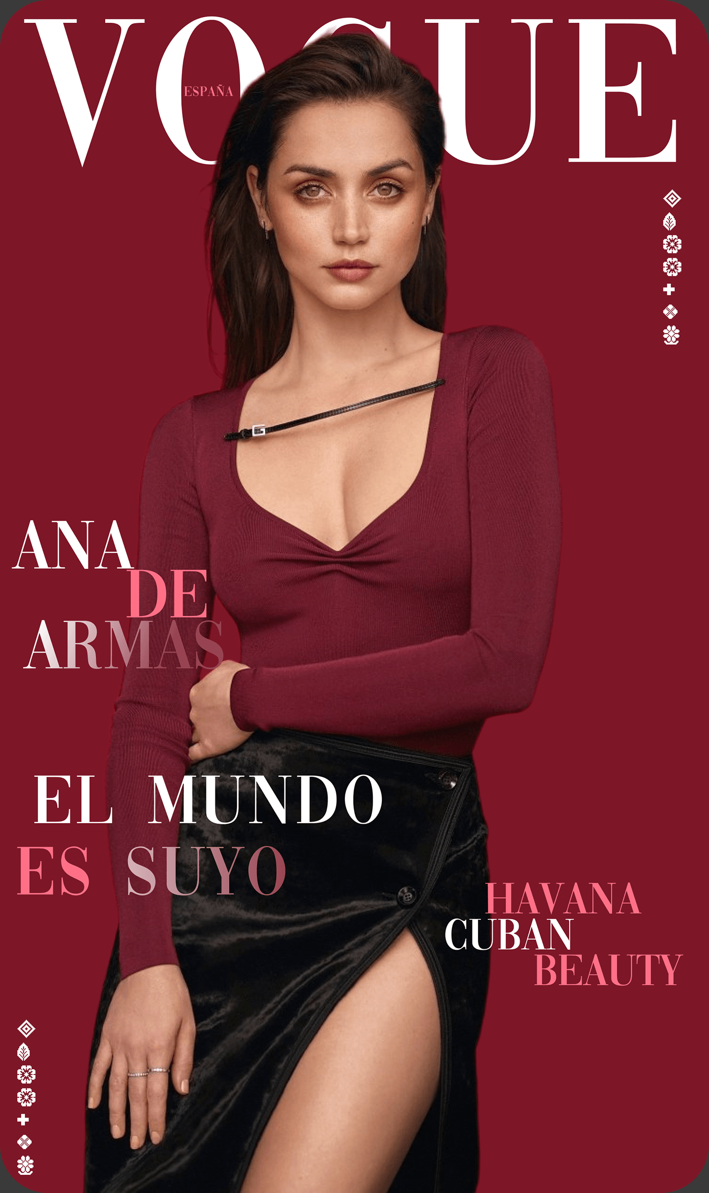 Vogue España magazine cover featuring a woman with dark hair wearing a red top and a black leather skirt with a thigh-high slit, standing against a red background with white and pink text.