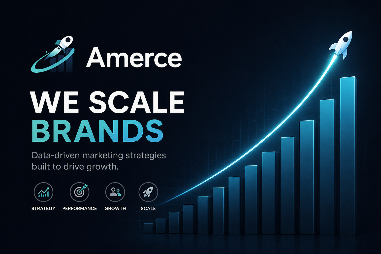A digital graphic with the text 'We Scale Brands' and a rising bar chart with a rocket taking off, symbolizing growth and success in marketing strategies.