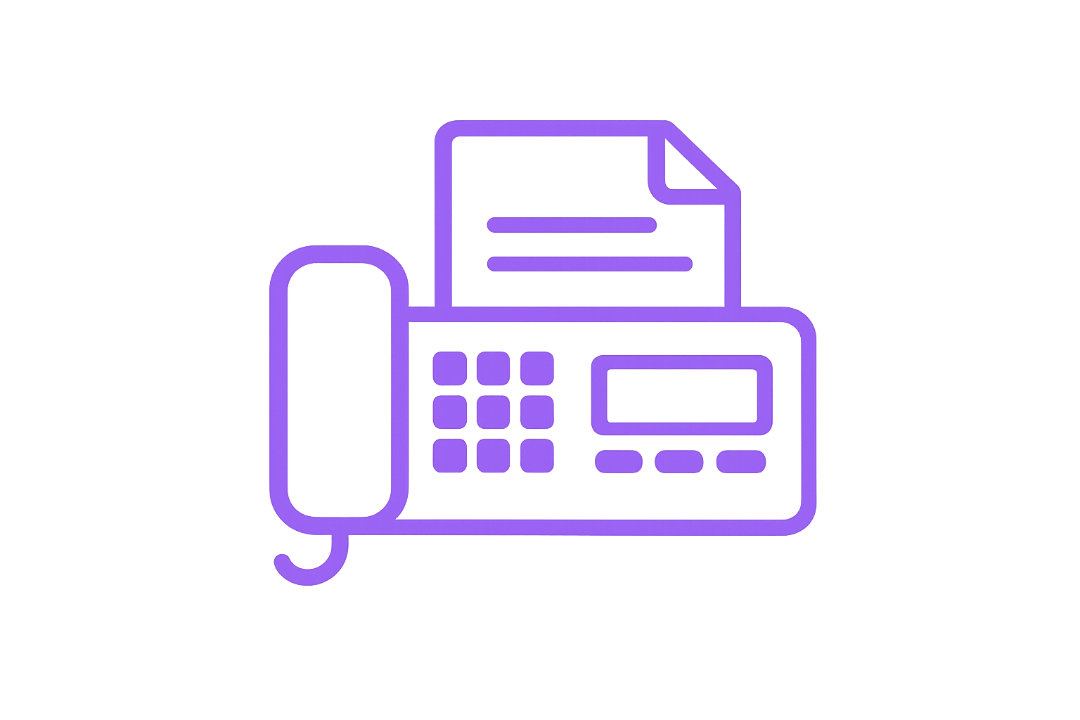 Purple outline of a desk phone with a cord, keypad, digital display, and a paper with lines on top.