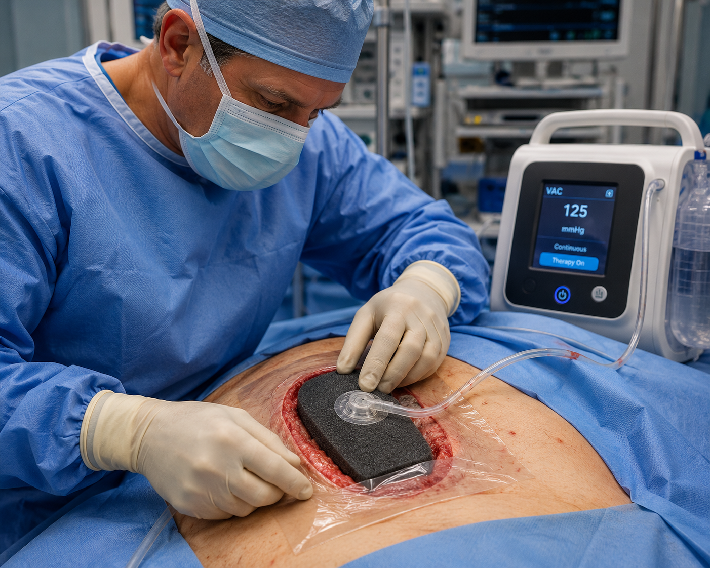 Surgeon applying wound vac