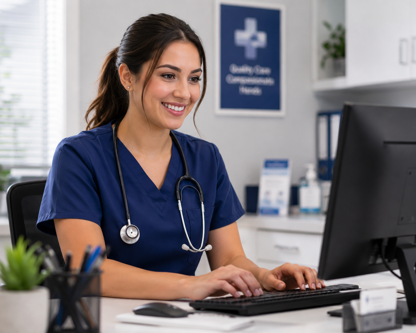 A young female nurse in blue scrubs and stethoscope sitting at a desk, smiling while working on a computer in a medical office.