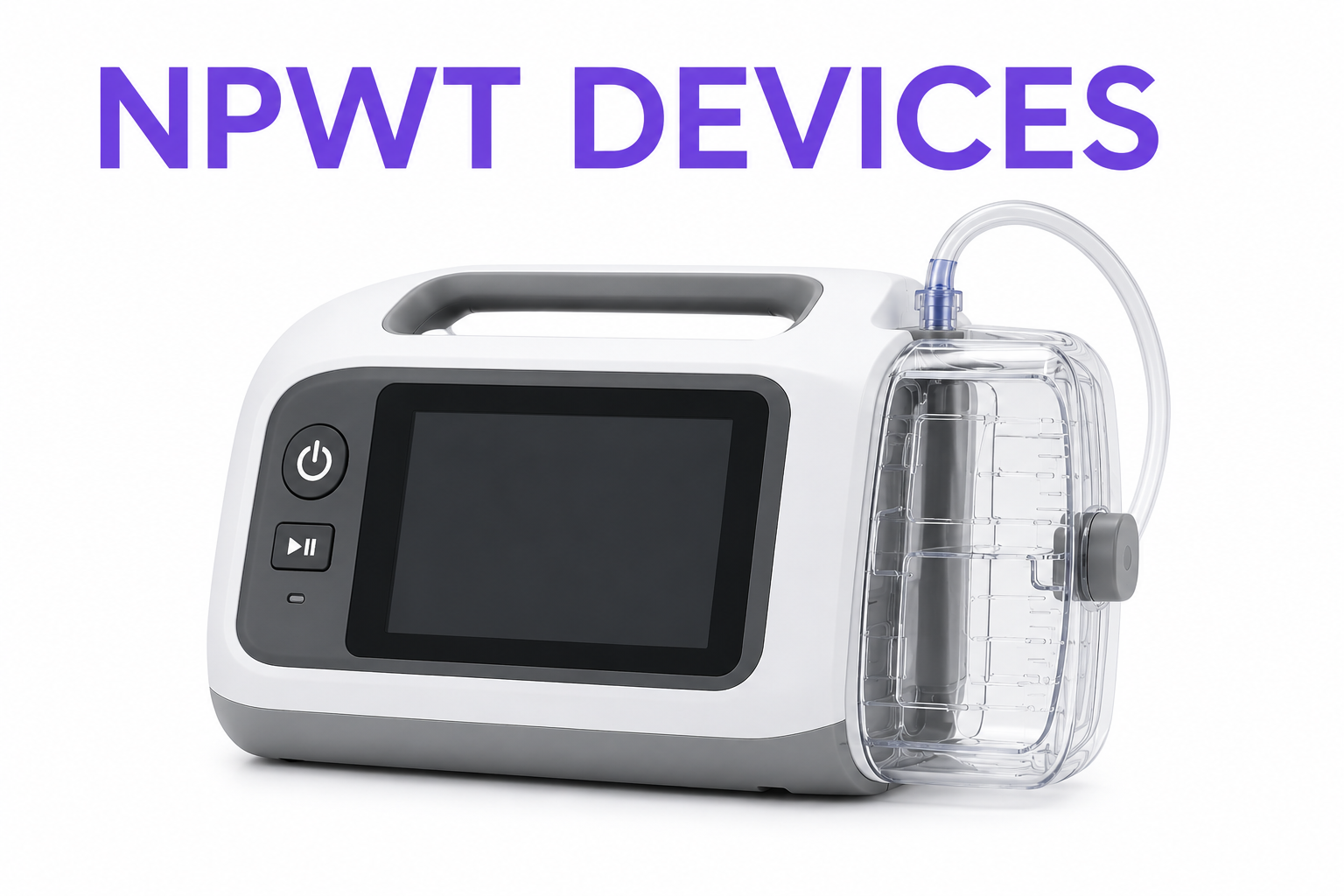 A portable NPWT (Negative Pressure Wound Therapy) device with digital display, control buttons, and a transparent canister attached by a tube.