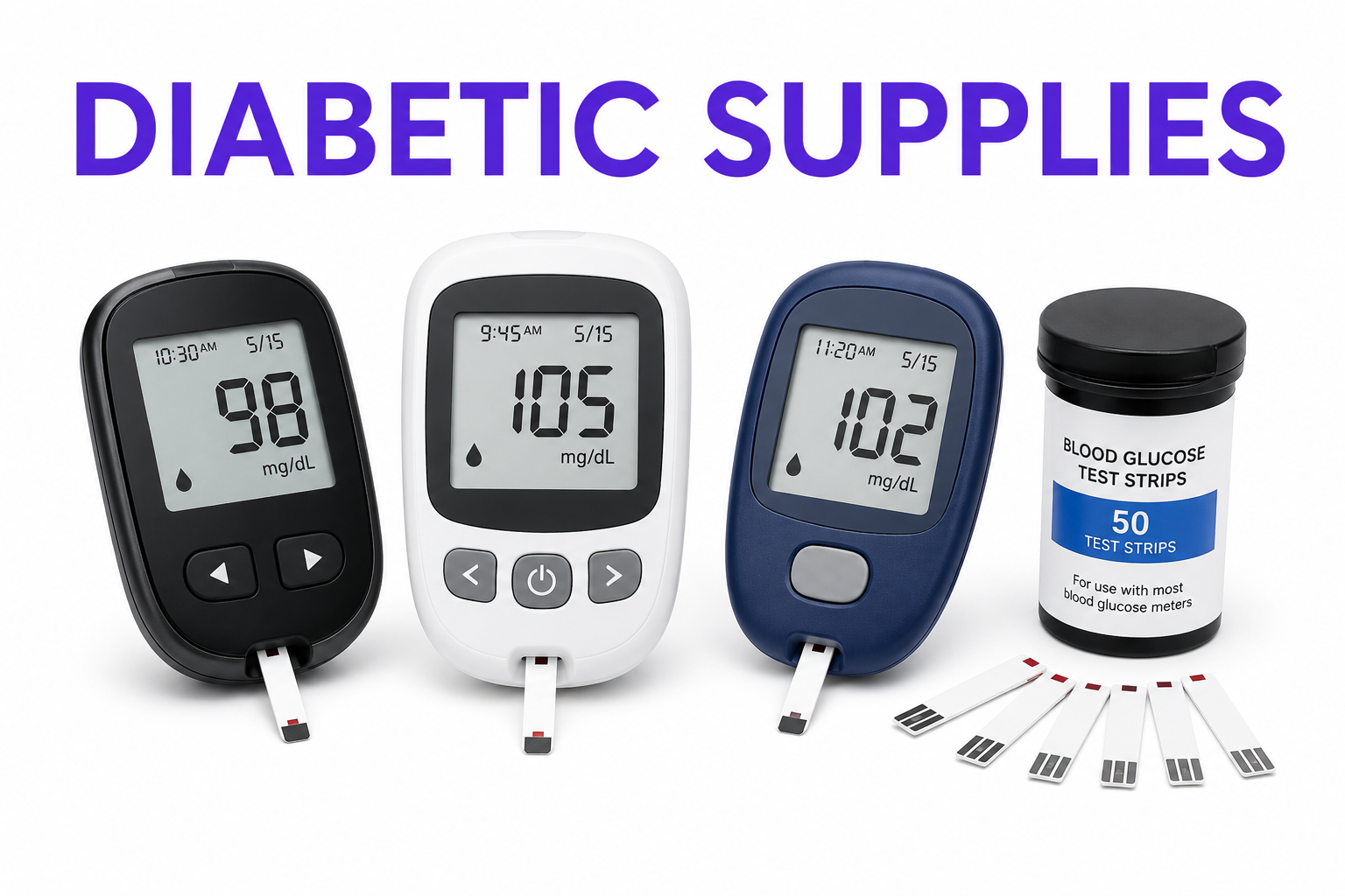 Various blood glucose meters displaying readings of 98, 105, and 102 mg/dL, with a container of blood glucose test strips labeled for diabetes testing.