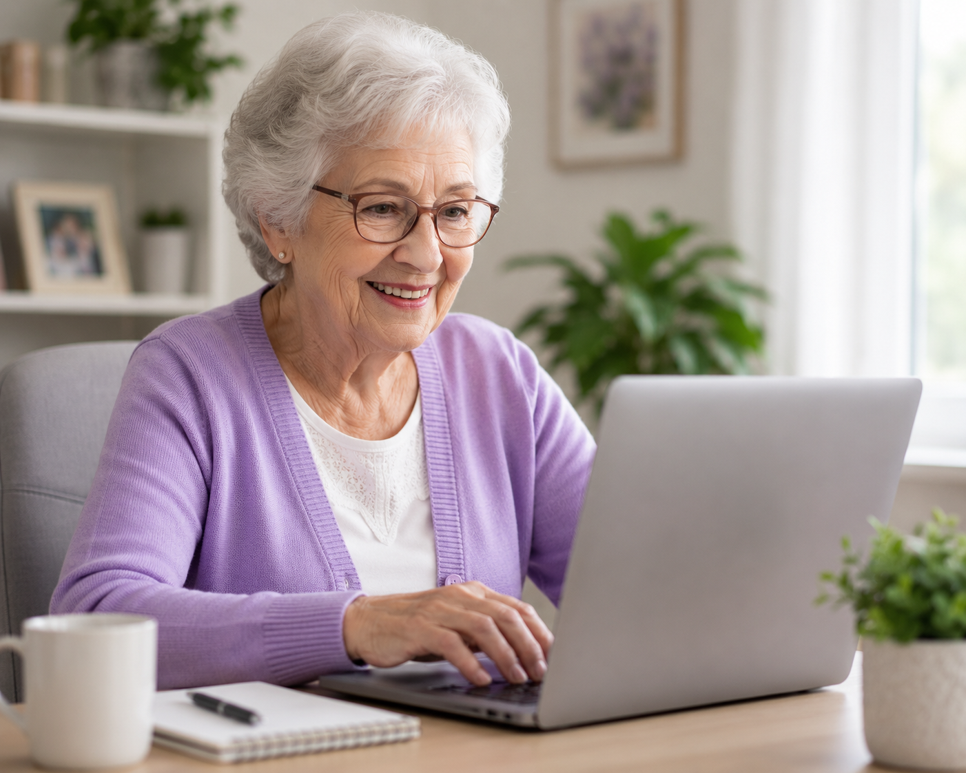 An elderly woman with glasses, smiling, working on a laptop at a desk in a bright room with plants and framed photos.