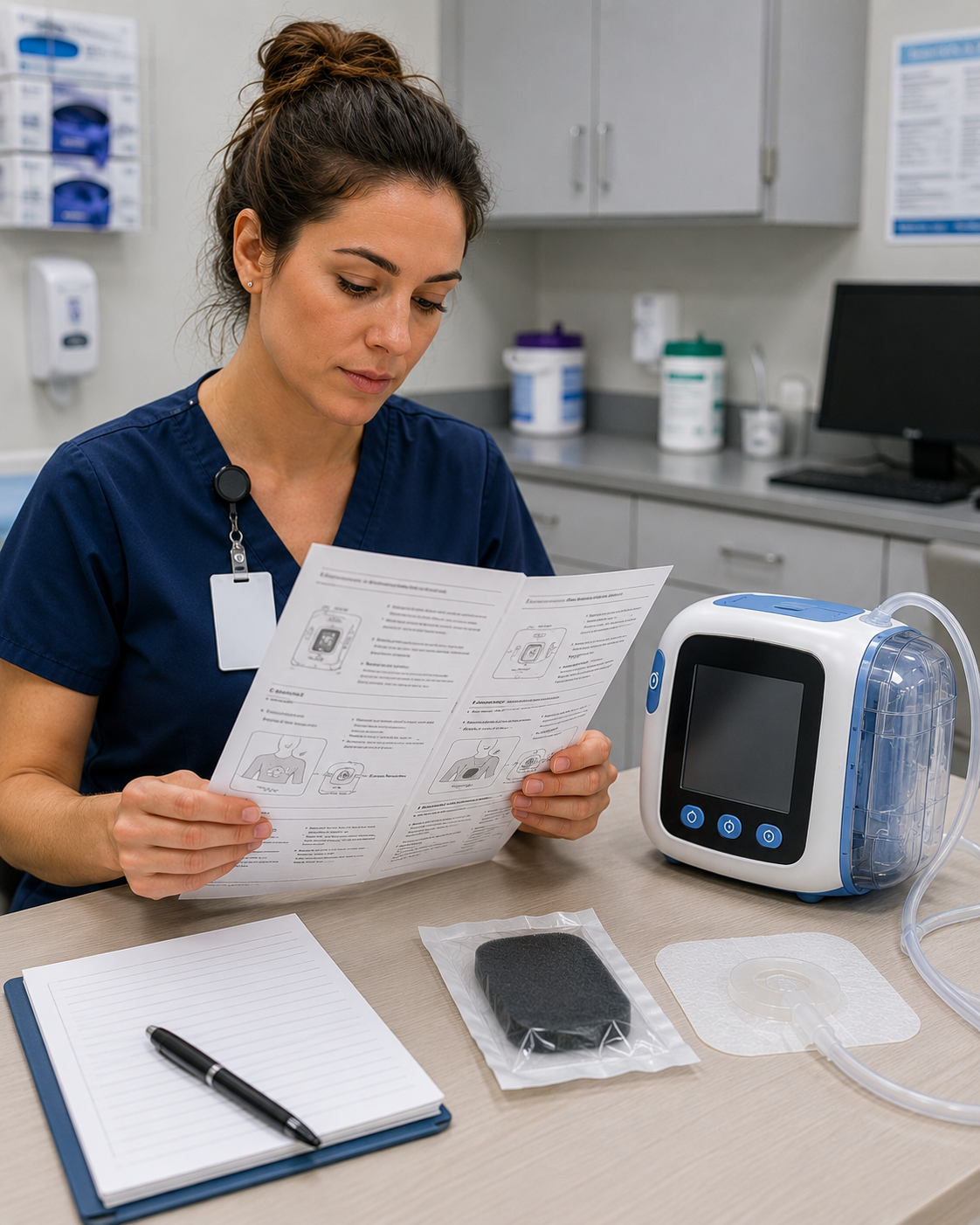 Nurse reading IFU for wound vac NPWT