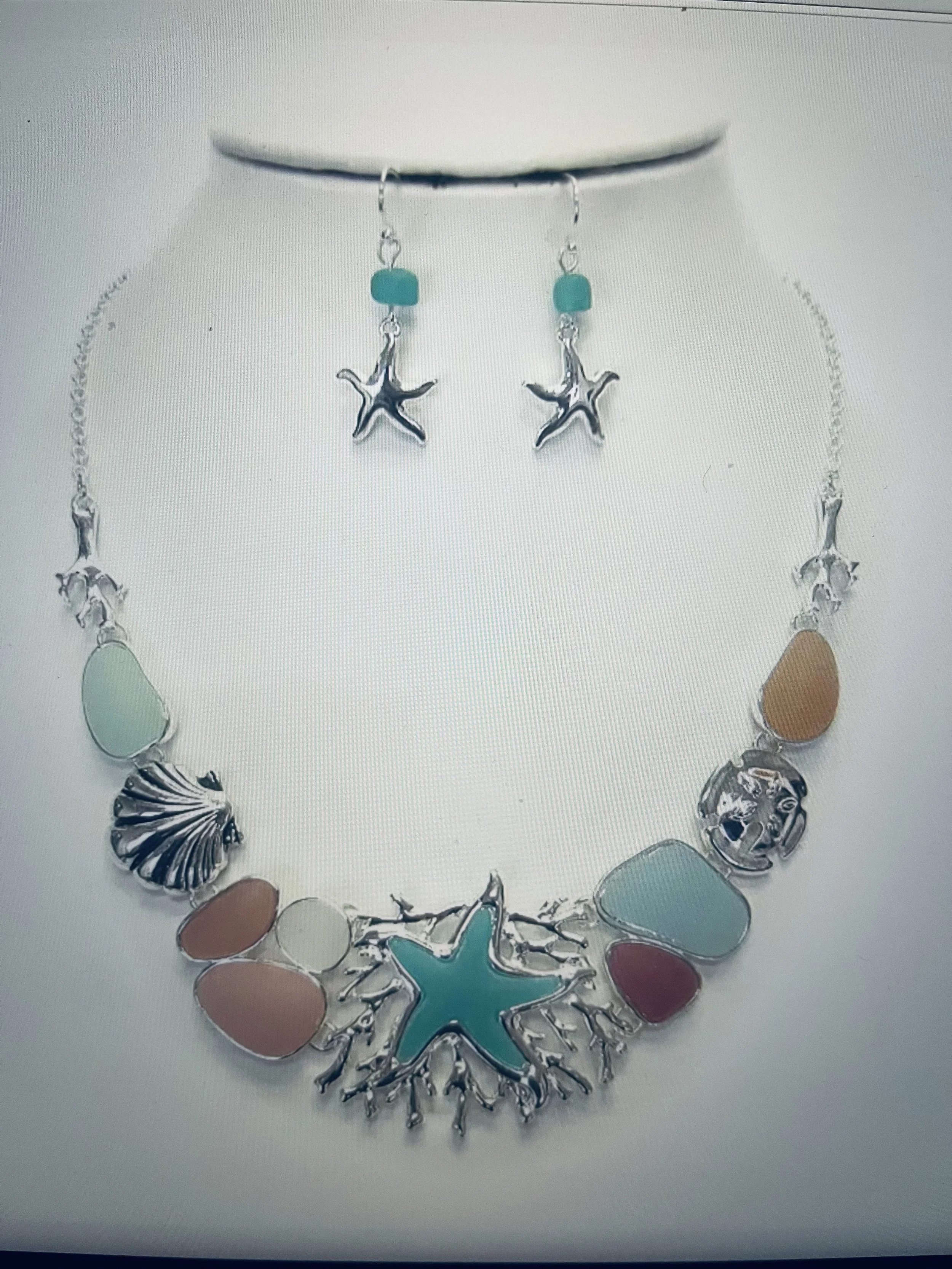 ( W065 ) Sealife Sea Glass Necklace Set