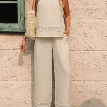 Casual Lace Trim Camisole and Wide-Leg Pants Two-Piece Set
