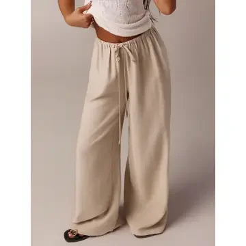 Elastic Waist Drawstring Wide Leg Casual Pants