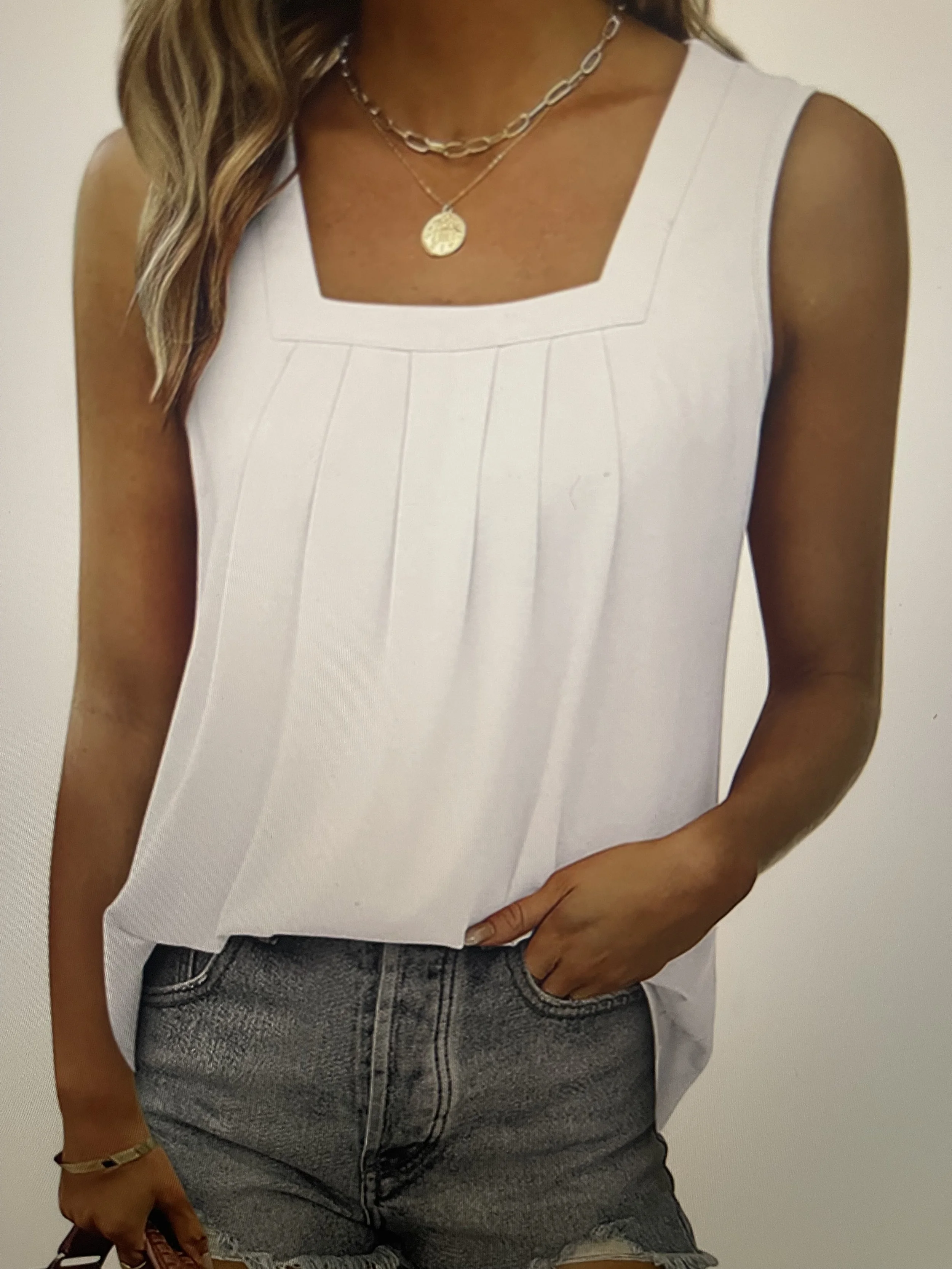 Pleated Square Neck Sleeveless High Low Casual Tank Top