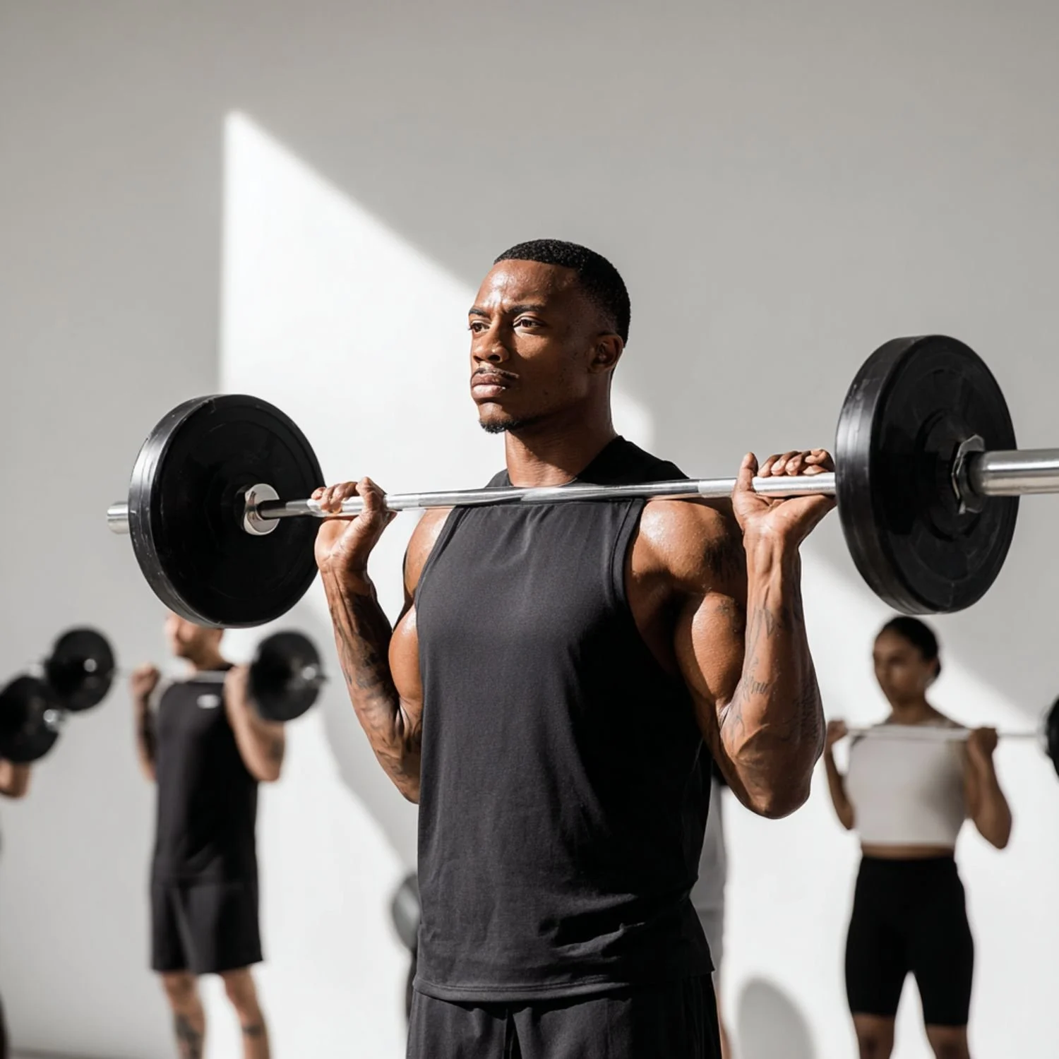 A man lifting a barbell with weights in a fitness class, with others exercising in the background.