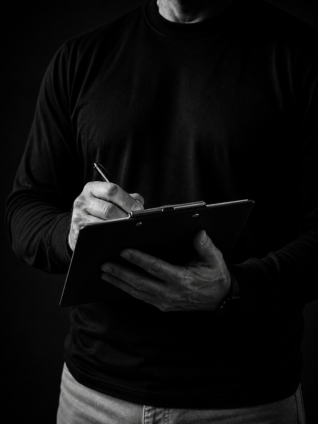 A person wearing a long-sleeved black shirt holding a tablet and writing on it with a pen, against a dark background.