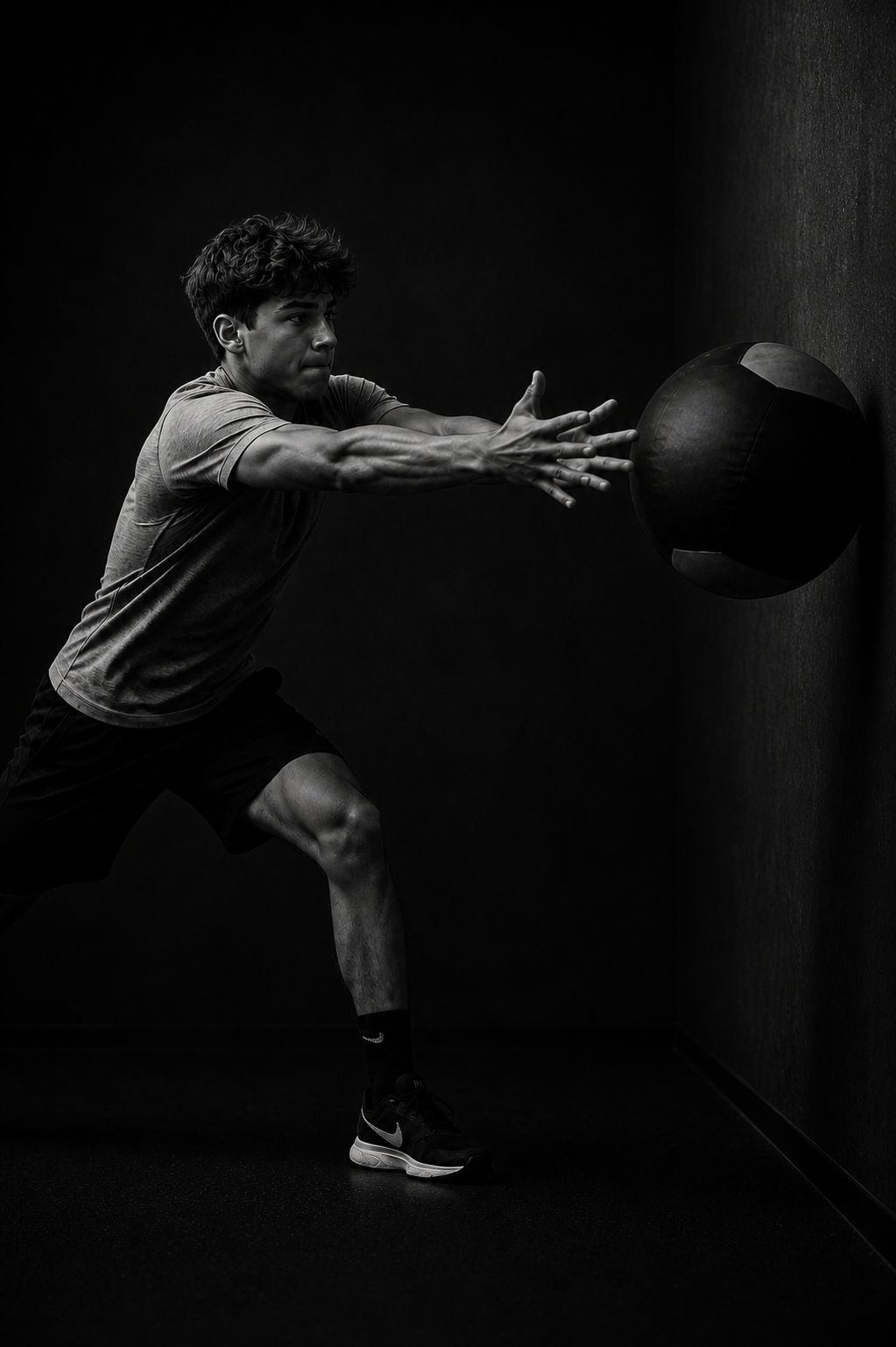 A man in athletic clothing is pushing against a wall with a medicine ball, demonstrating a workout in a dark room.