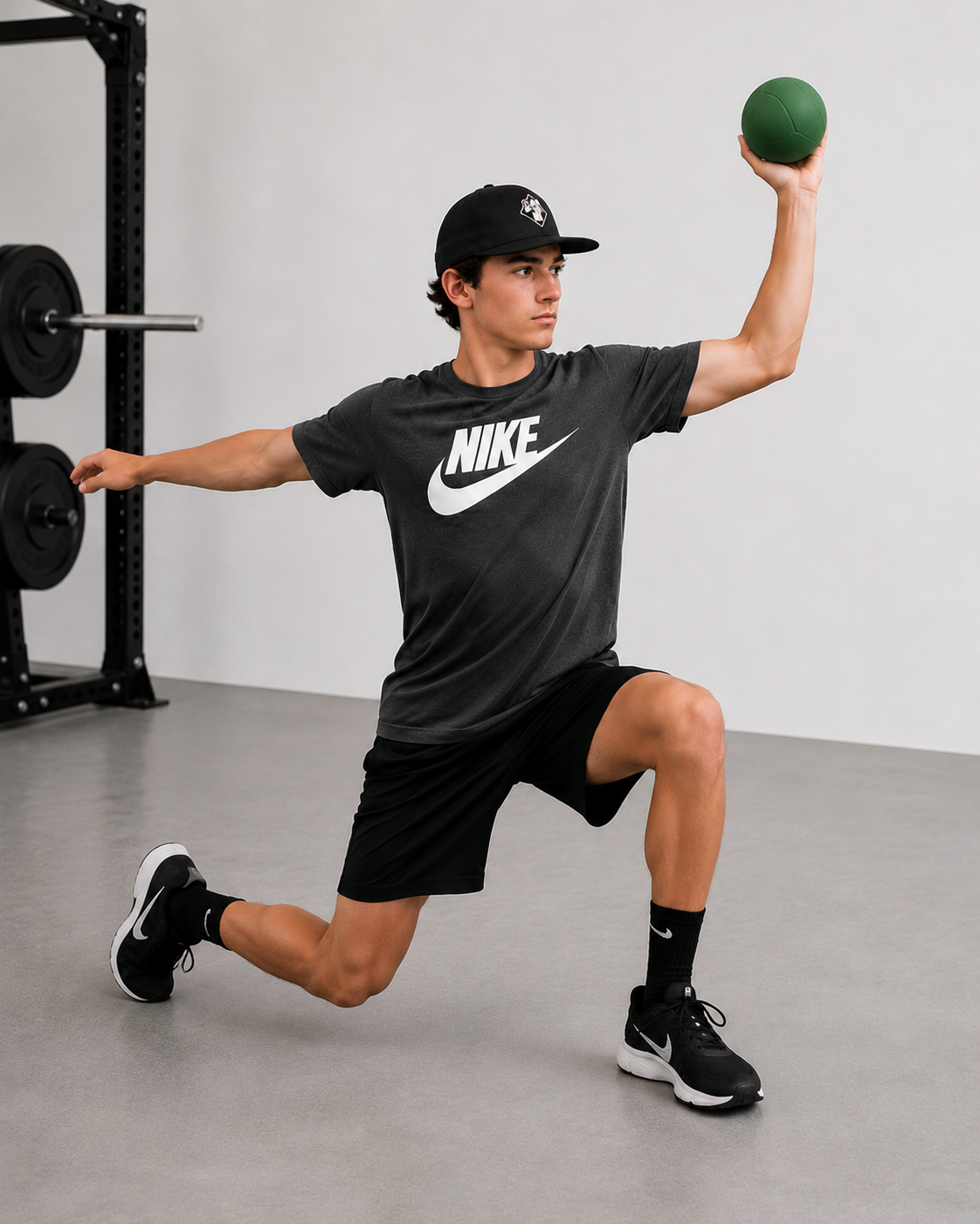 Young man in athletic wear doing a lunge exercise in a gym, holding a green medicine ball in one hand, with weights on a rack in the background.