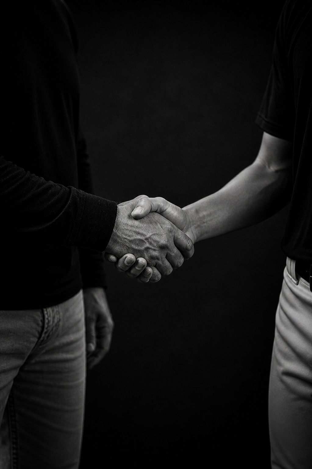 Two people shaking hands against a black background, one wearing a black long sleeve shirt and the other wearing a black short sleeve shirt.