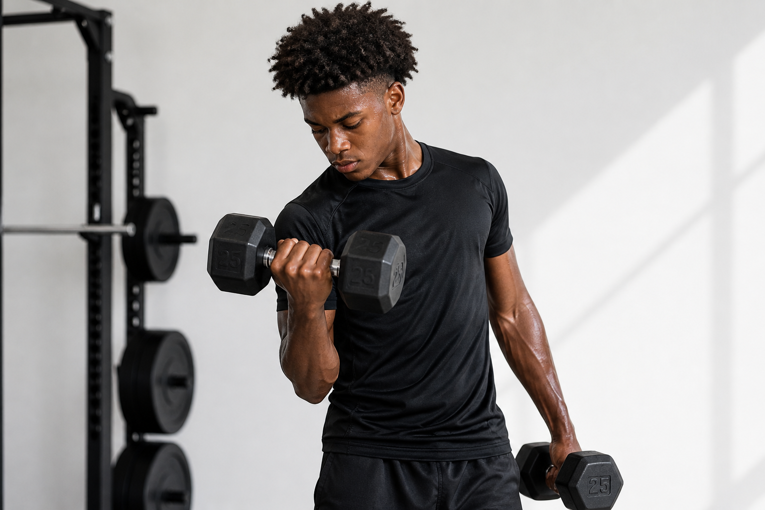 Young man in black athletic wear lifting dumbbells in gym