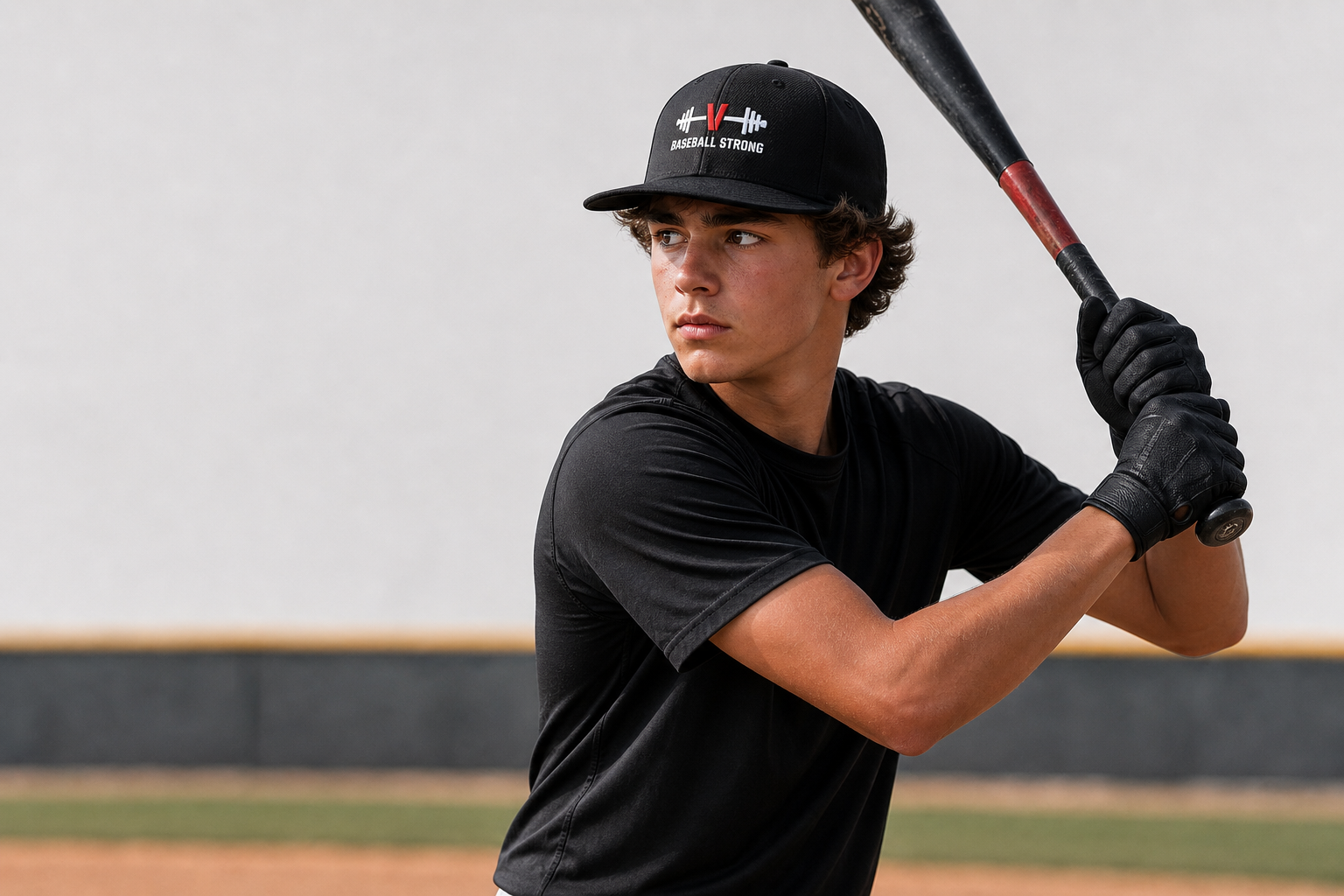 Young male baseball player wearing a black cap with 'Baseball Strong' logo, black shirt, and black gloves, preparing to swing a bat on a baseball field.
