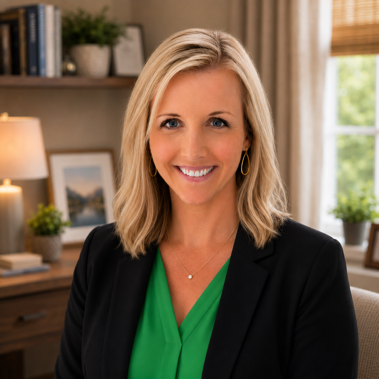 Jamie Cummings of Huntsville Behavior Associates smiling in a black blazer and green top in a welcoming office.