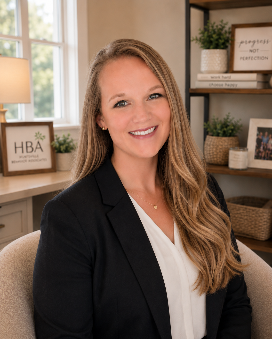 Jessica Epperson of Huntsville Behavior Associates wearing a black blazer and white blouse in a professional office setting.