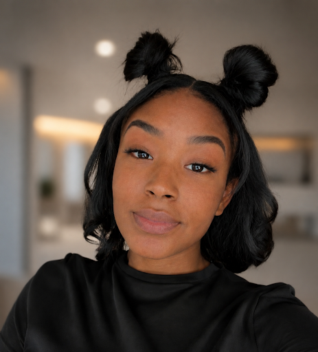 Shy-Ann of Huntsville Behavior Associates with dark hair styled in two space buns, wearing a black top and smiling indoors.