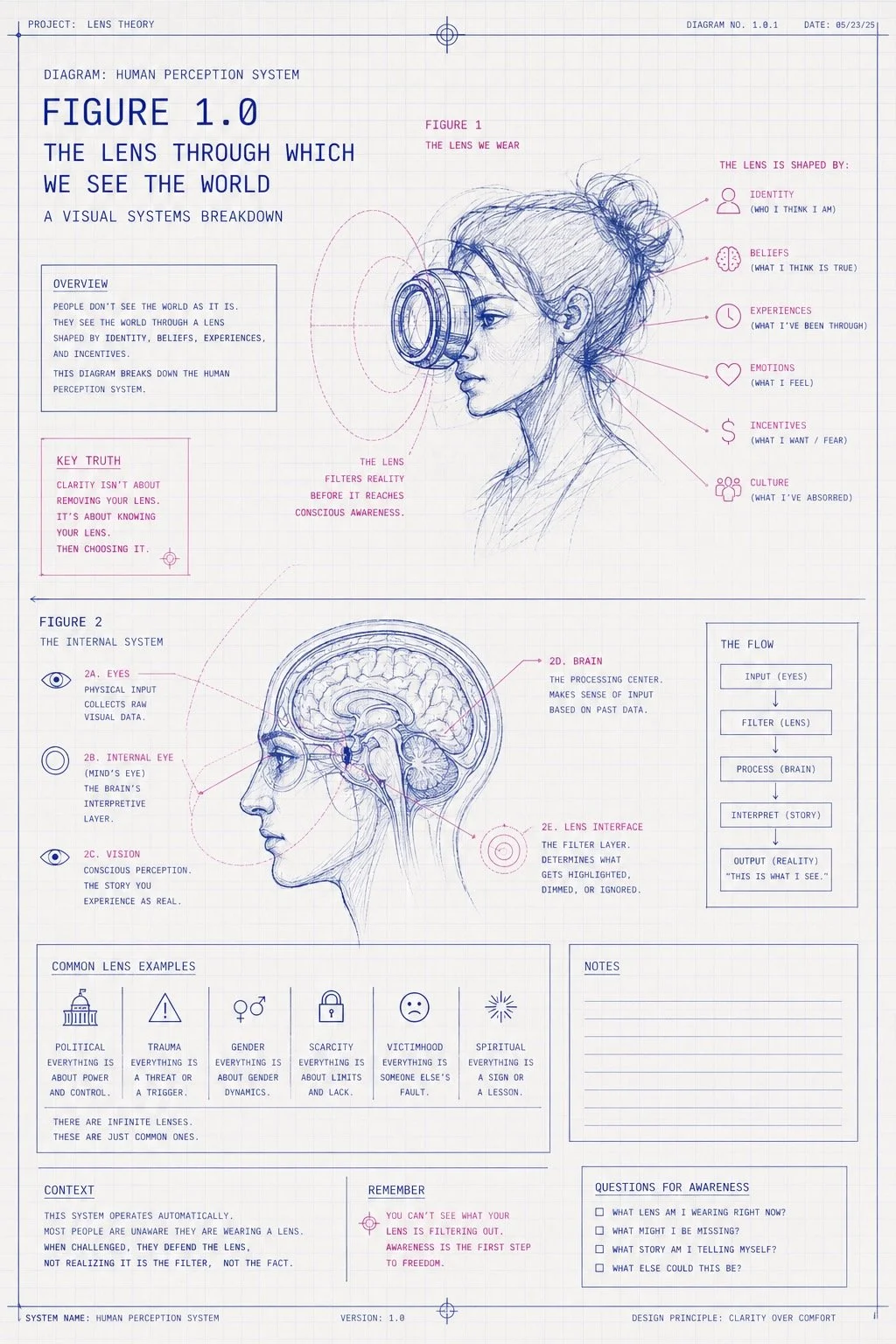 Diagram illustrating the human perception system, showing how identity, beliefs, experiences, emotions, and culture shape a mental “lens” that filters reality before conscious awareness.