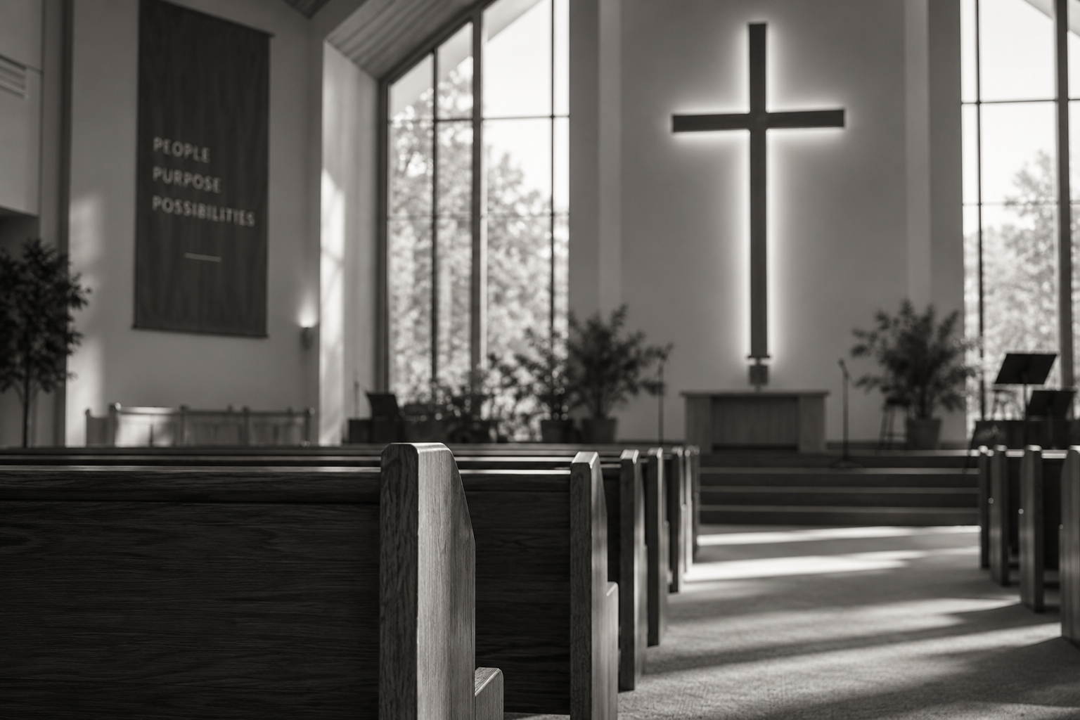 Black-and-white interior of a church sanctuary with pews and a cross.