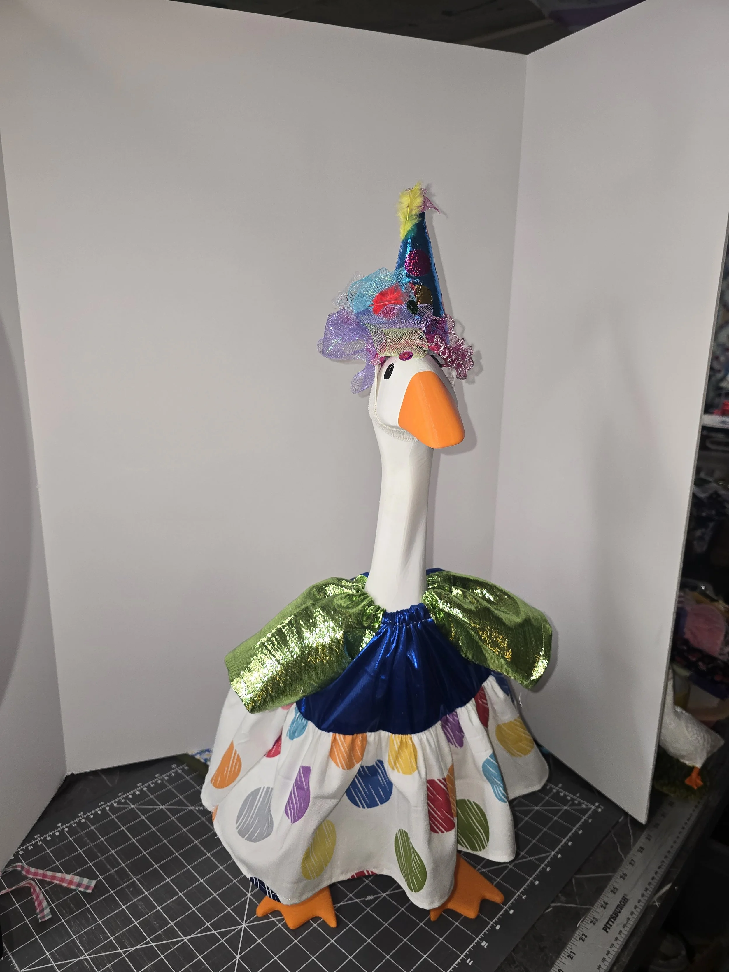 Handmade 23" porch goose outfit. "Party time"