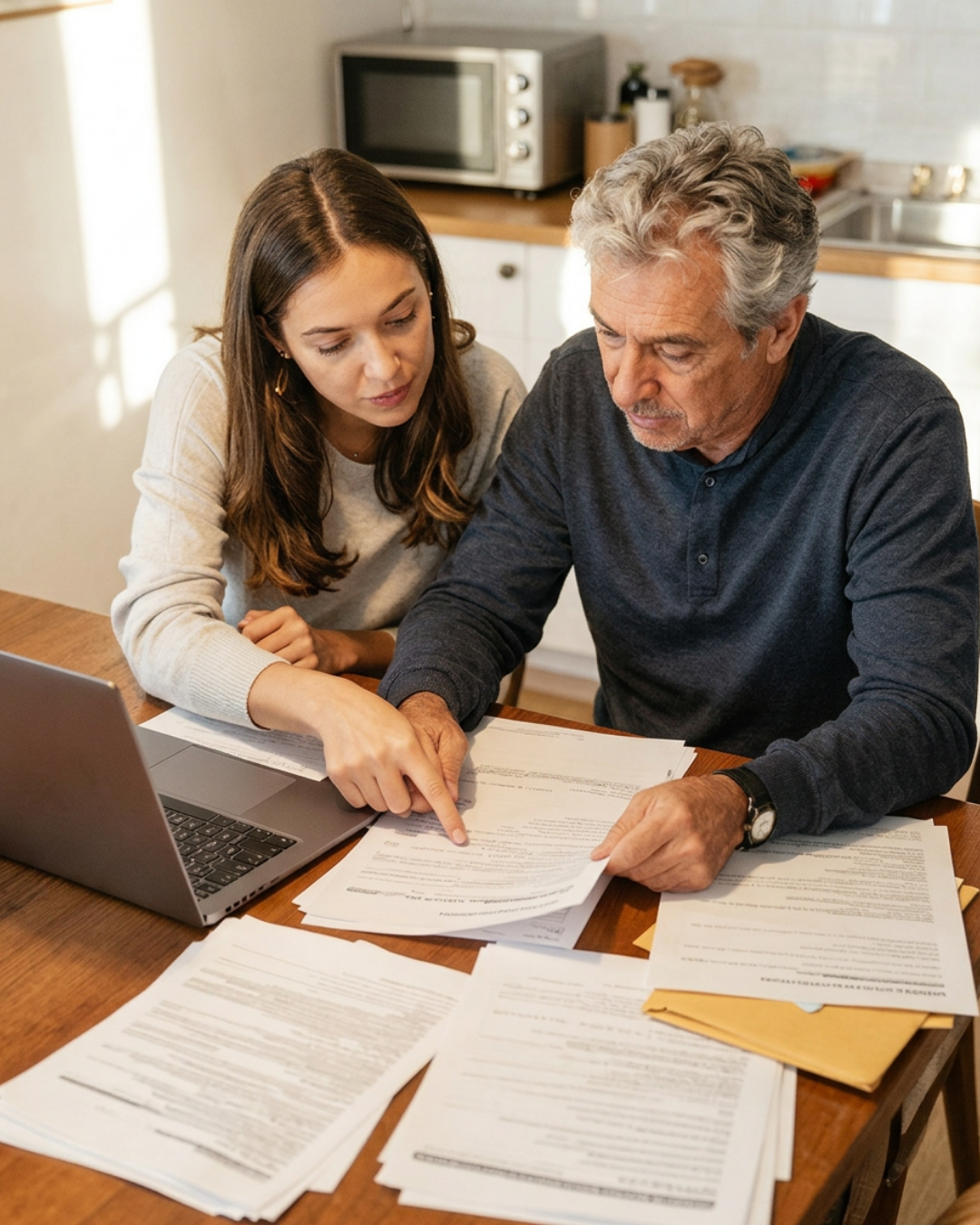 A young woman and an older man are reviewing documents on a wooden table, with a laptop open nearby, in a kitchen setting.