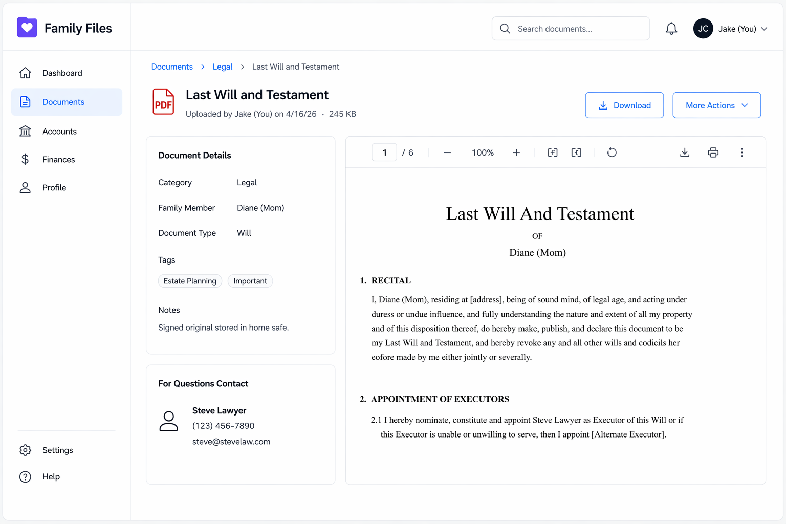 Screenshot of a digital family file storage system showing a document titled 'Last Will and Testament' for Diane, labeled as legal and important, with contact info for Steve Lawyer.