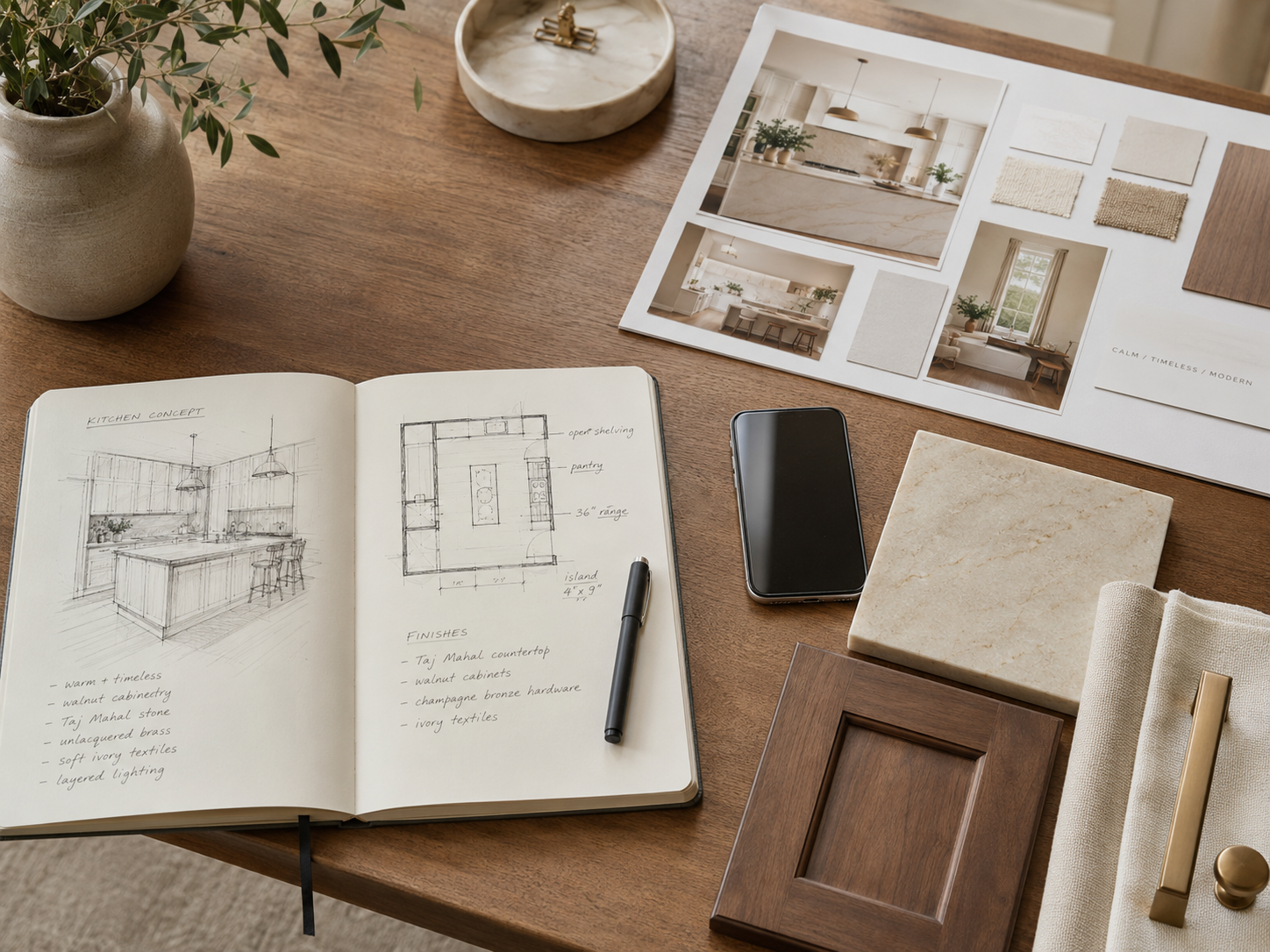 Open sketchbook with kitchen design plans and notes on a wooden table, surrounded by fabric samples, a smartphone, and color swatches; also includes a small potted plant, a marble dish with clips, and a interior design magazine with photos and material samples.