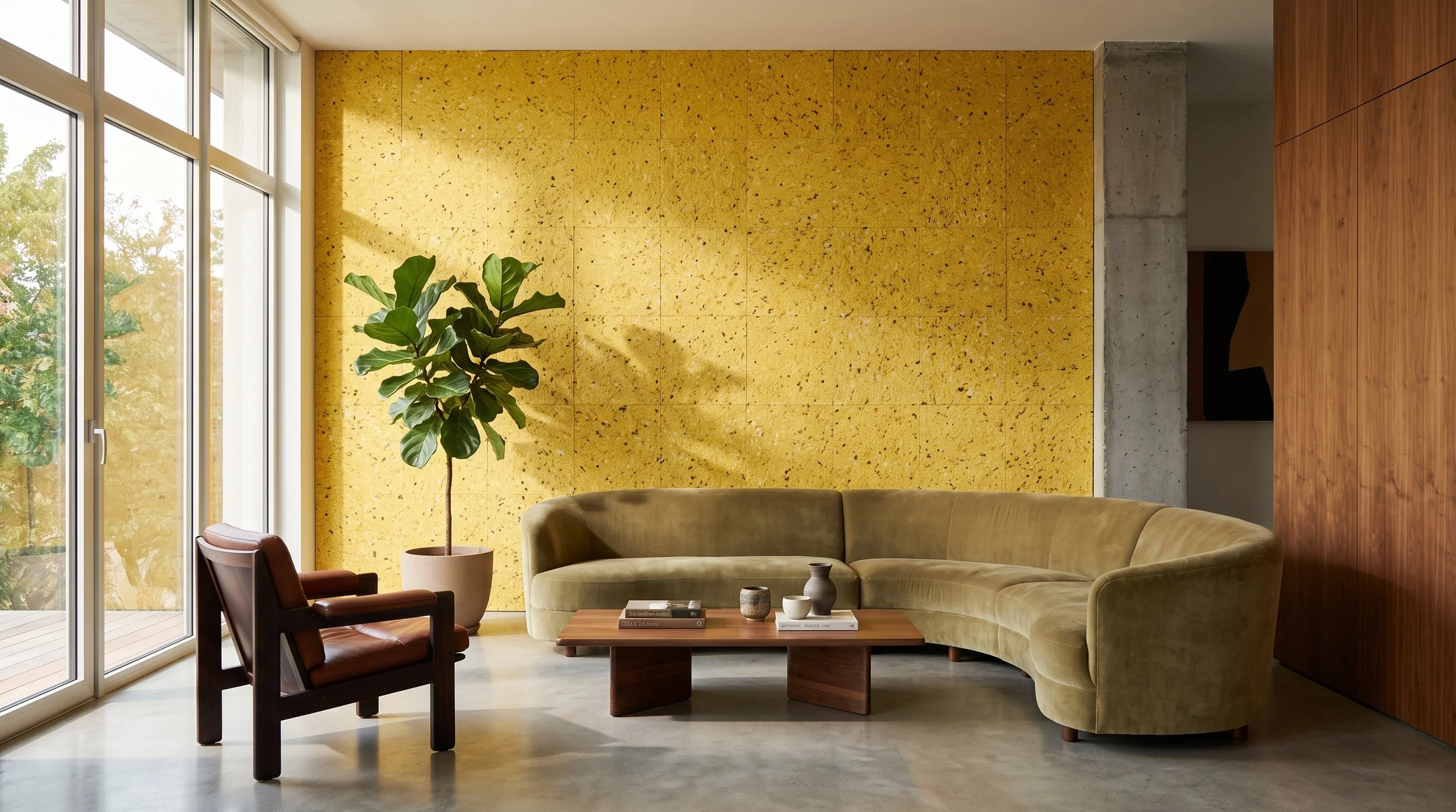 Interior of a modern living room with large windows, a green sectional sofa, a wooden coffee table with books and vases, a potted plant, and a yellow textured wall made of discarded clothing.