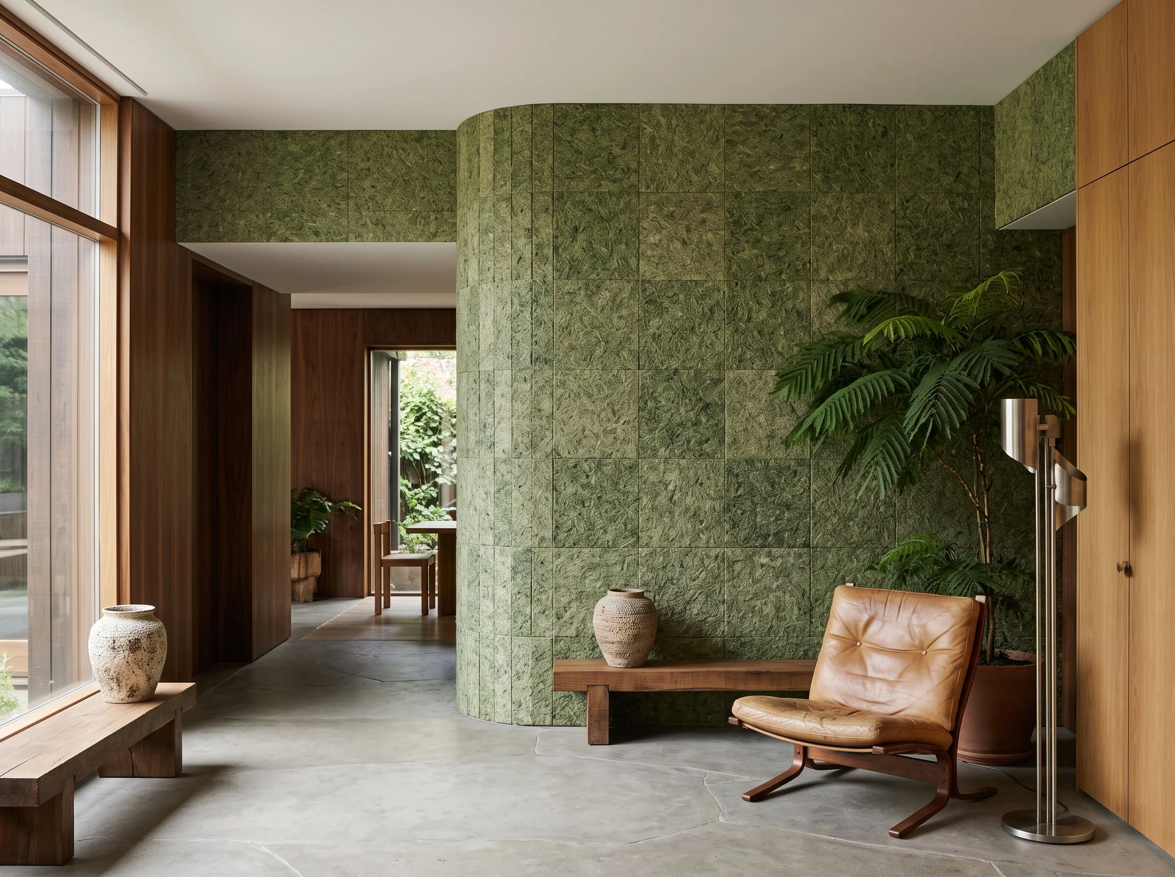 Modern living area with green textured wall, wooden accents, large windows, and a tan leather chair.