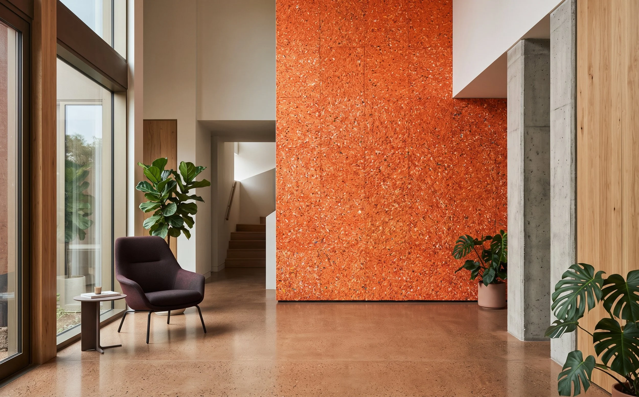 Modern architectural interior with large windows, wooden accents, green plants, and a textured orange wall.