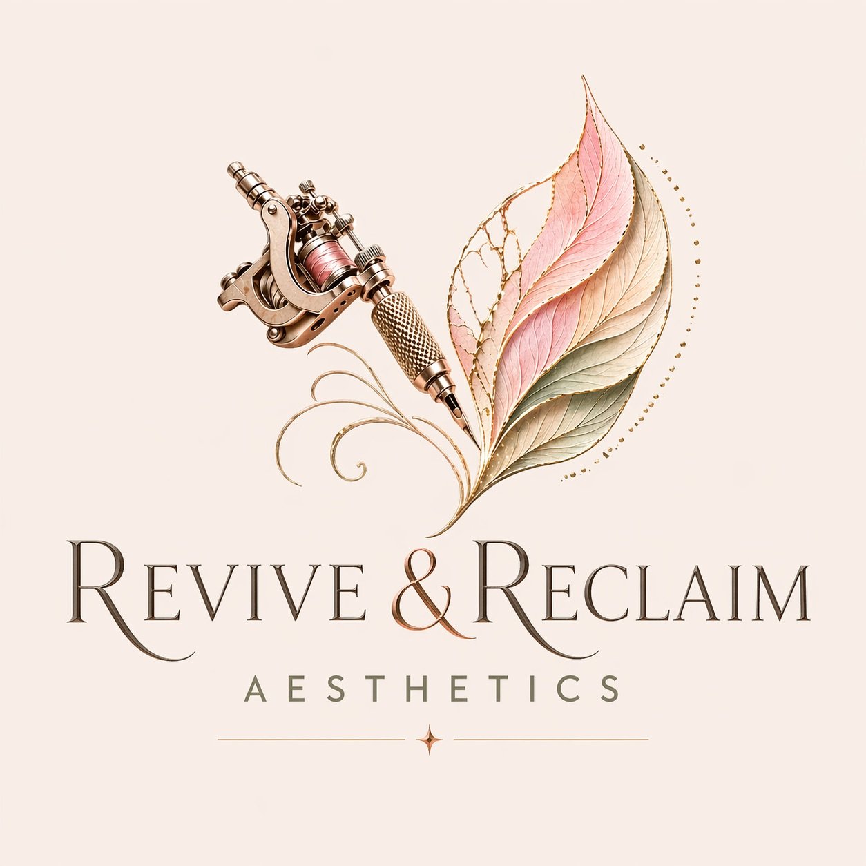 A logo for Revive & Reclaim Aesthetics featuring a tattoo machine stylized as a feather with pink, beige, and green leaves. The text "Revive & Reclaim" is below in elegant font, with "Aesthetics" beneath it.