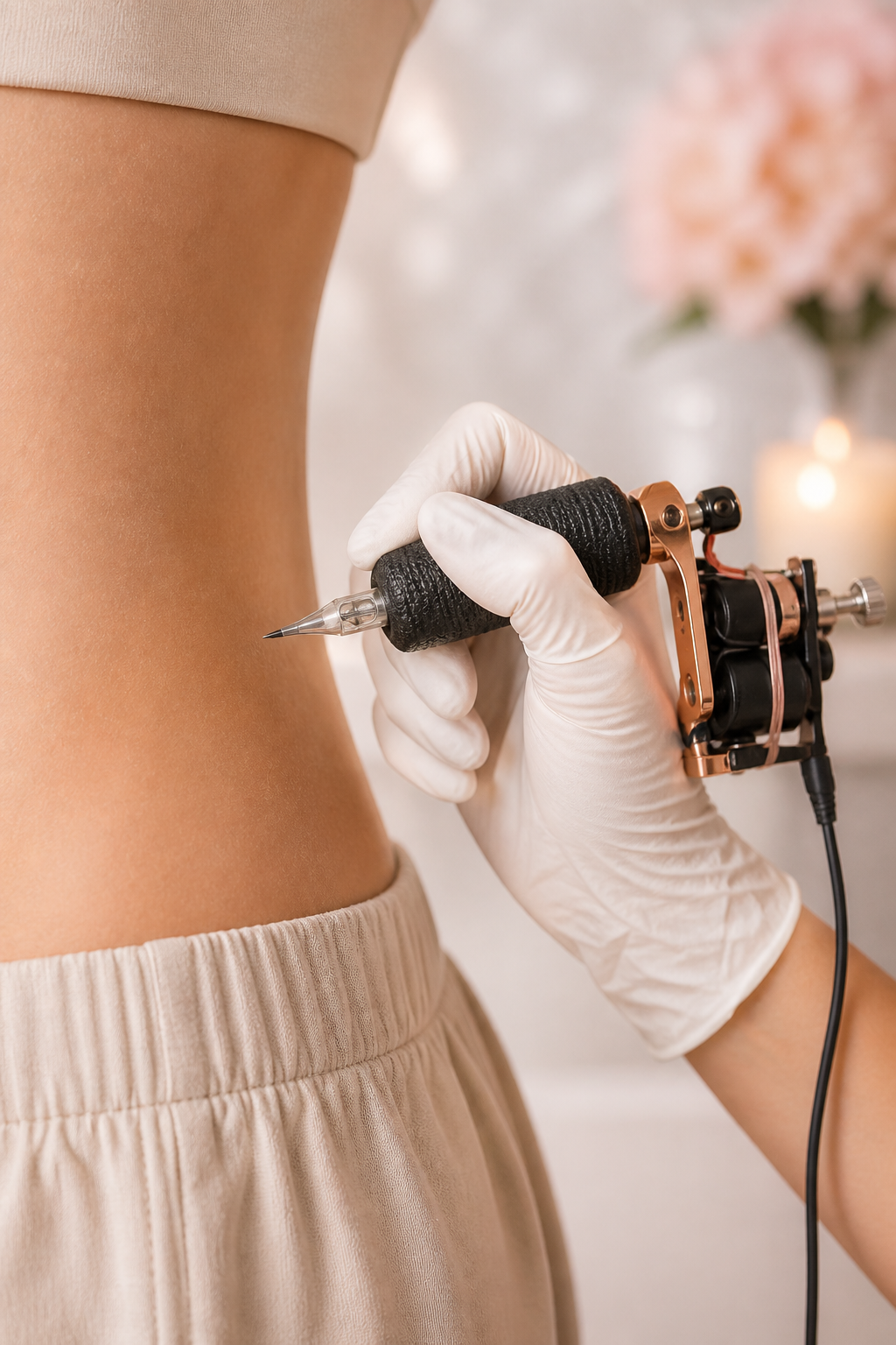 Tattoo artist in gloves using tattoo machine on client’s side.