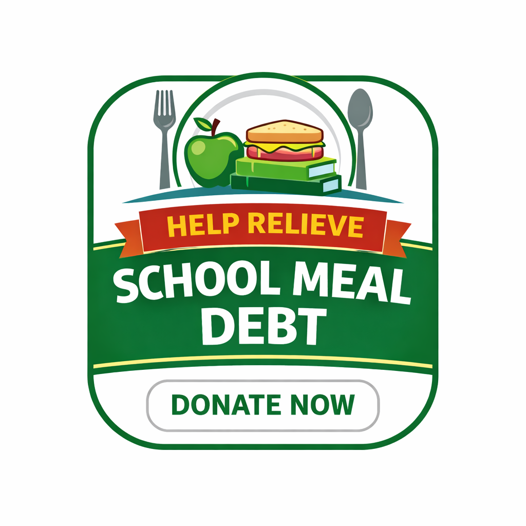 A graphic with a green background promoting help to relieve school meal debt, featuring a plate with a sandwich, an apple, and a stack of books, along with utensils, and a call to action to donate now.