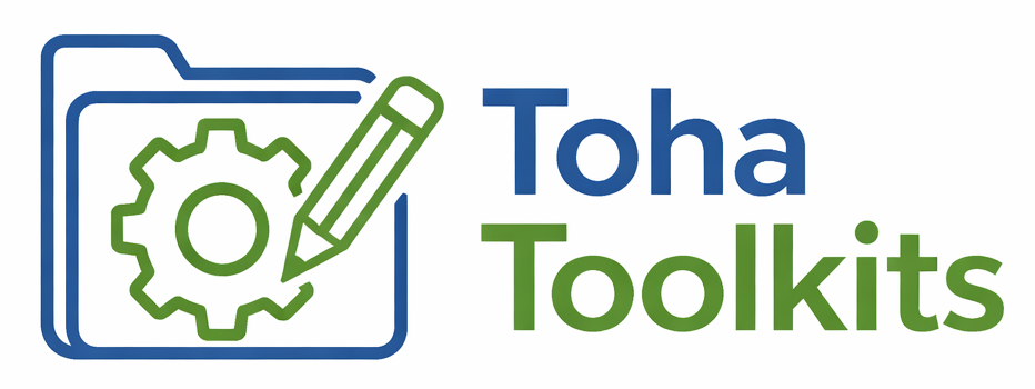 Logo with a blue folder, a green gear, and a green pencil, next to the text "Toha Toolkits" in blue and green.
