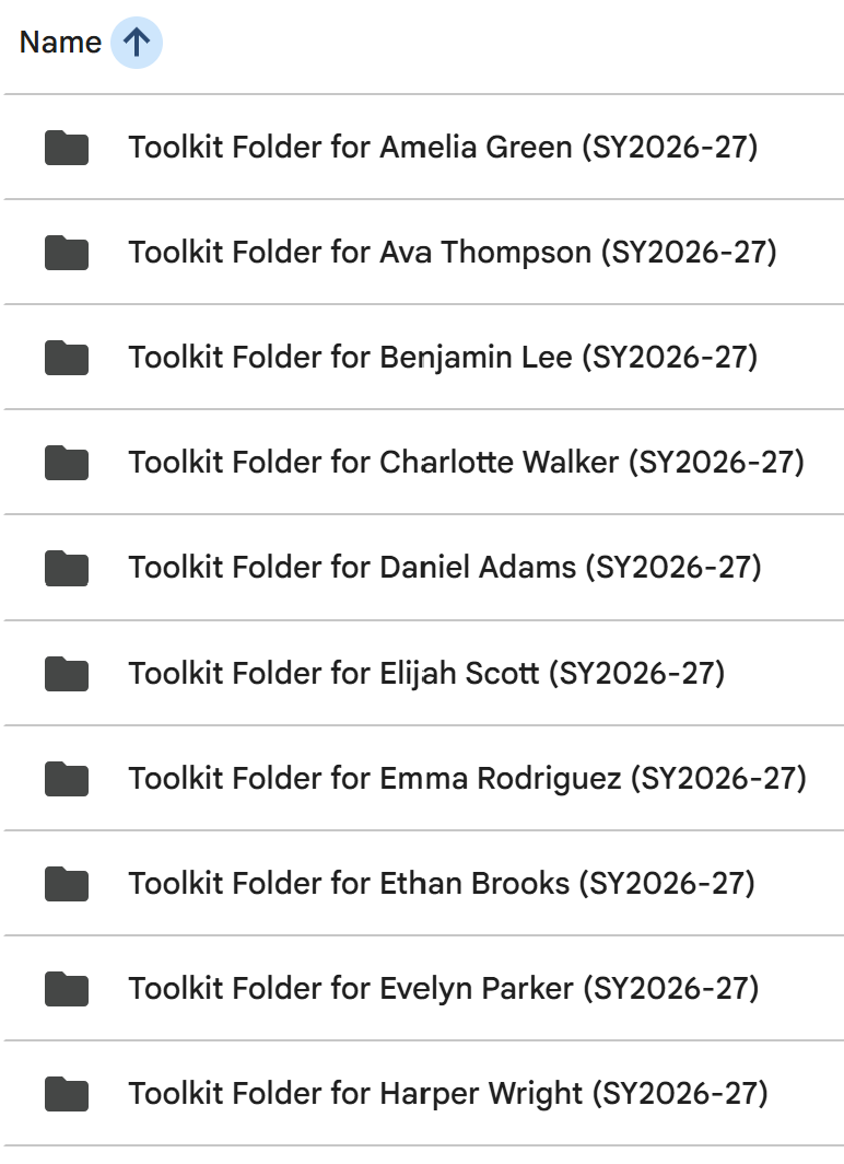 Screenshot of folders named 'Toolkit Folder for' followed by individual names and a school year, from Amelia Green to Harper Wright.