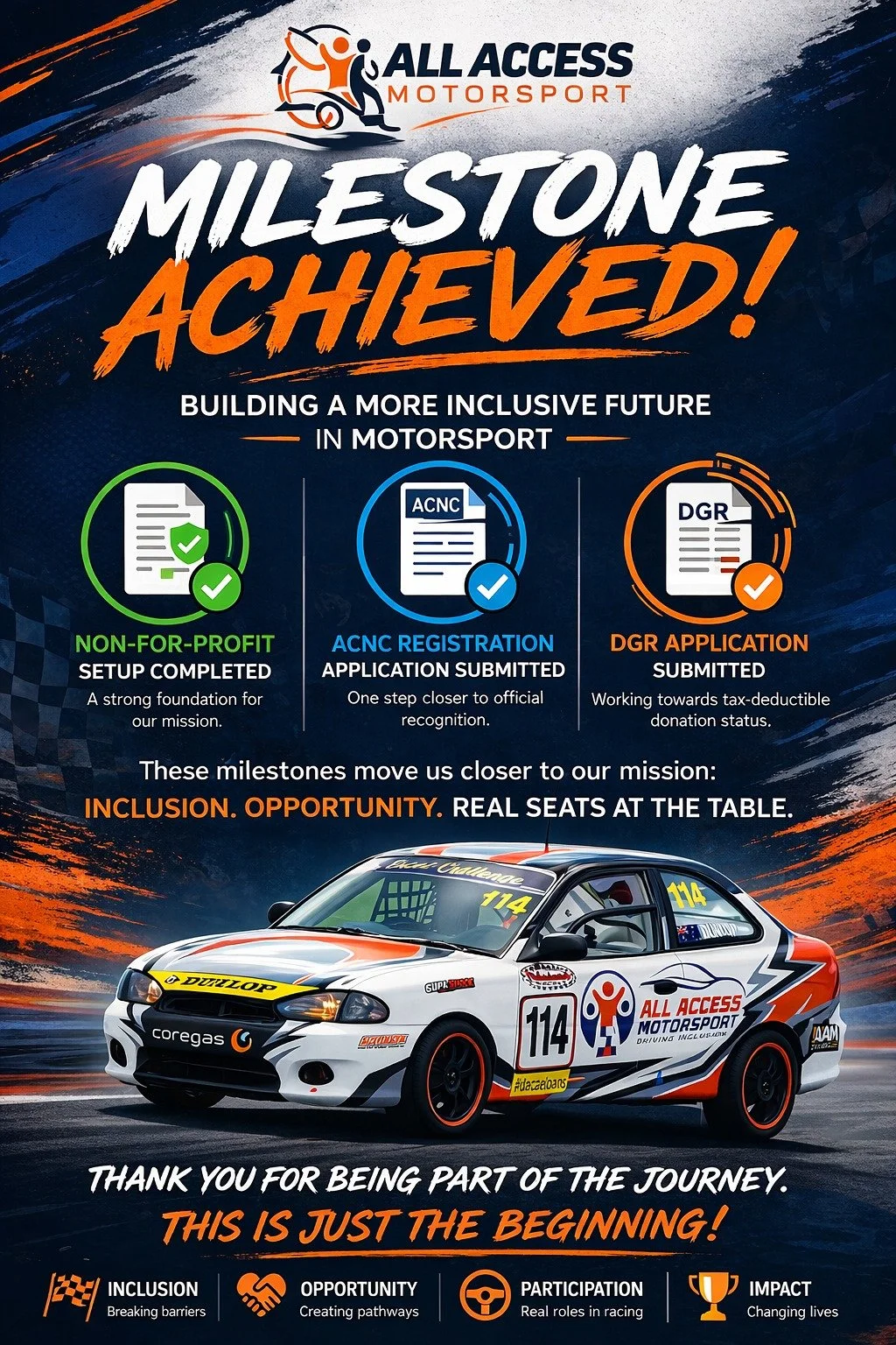 🚨 BIG MILESTONE FOR ALL ACCESS MOTORSPORT 🚨

We&rsquo;re proud to share that **All Access Motorsport (AAM)** has officially taken the next major step in our journey!

✅ Non-for-Profit structure established
📄 ACNC registration application submitted
