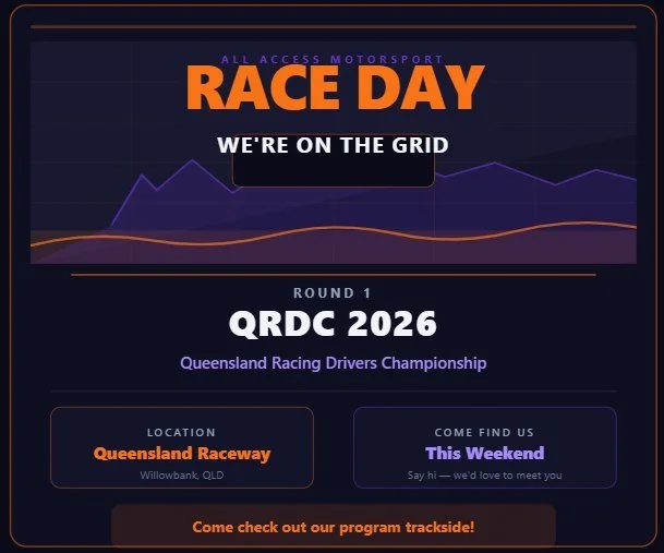 🏁 WE'RE RACING THIS WEEKEND! 🙌
Round 1 of the QRDC is HERE and All Access Motorsport will be at Queensland Raceway &mdash; come say hi and check out our program up close! 🚗💨
We'd love to meet you, answer your questions and show you what we're all