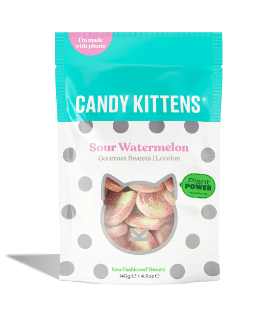 Bag of Candy Kittens sour watermelon flavored vegan sweets with blue and white packaging and a transparent window showing the candies inside.
