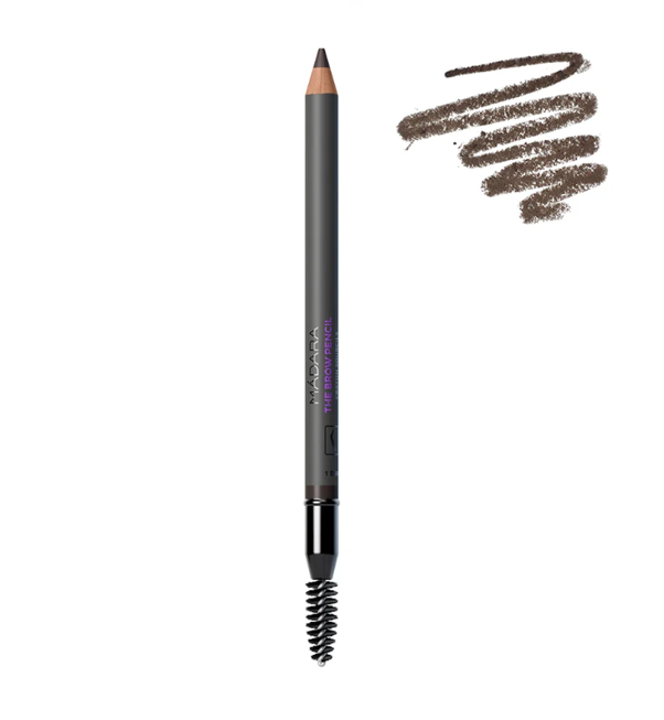 A black eyebrow pencil with a sharpened tip and a spiral spool at the end, along with a swatch of brown eyebrow pencil color on a white background.