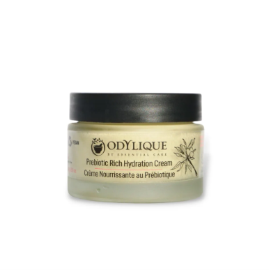 Odylique Prebiotic Rich Hydration Cream jar with black lid on a white background.