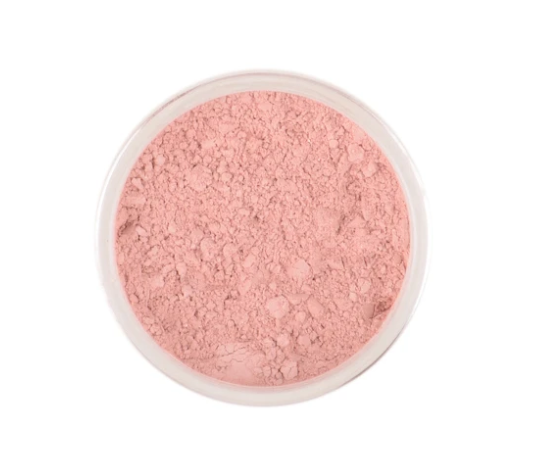 Pink loose powder in a round container