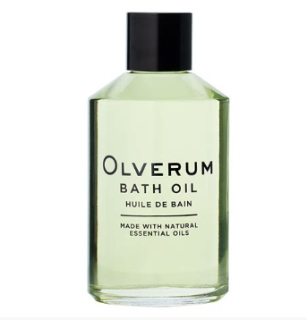 A bottle of Olverum bath oil made with natural essential oils