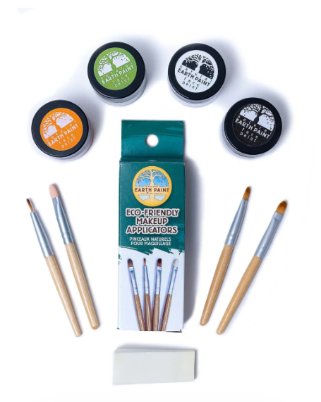 Set of four Earth Paint eco-friendly makeup applicators with brushes, a box labeled 'Earth Paint Eco-Friendly Makeup Applicators,' and four small containers of Earth Paint pigment in orange, green, black, and black.