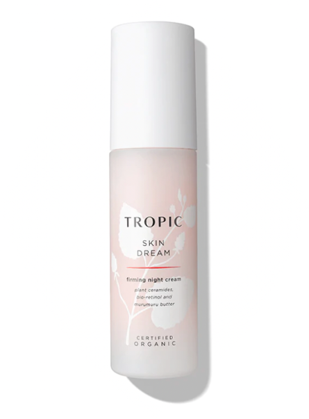 Tropic Skin Dream firming night cream in a white bottle with a pink label and white cap.