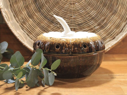 A ceramic tissue box holder with a lid, designed to resemble an acorn, placed on a wooden surface with green foliage nearby and a woven basket in the background.